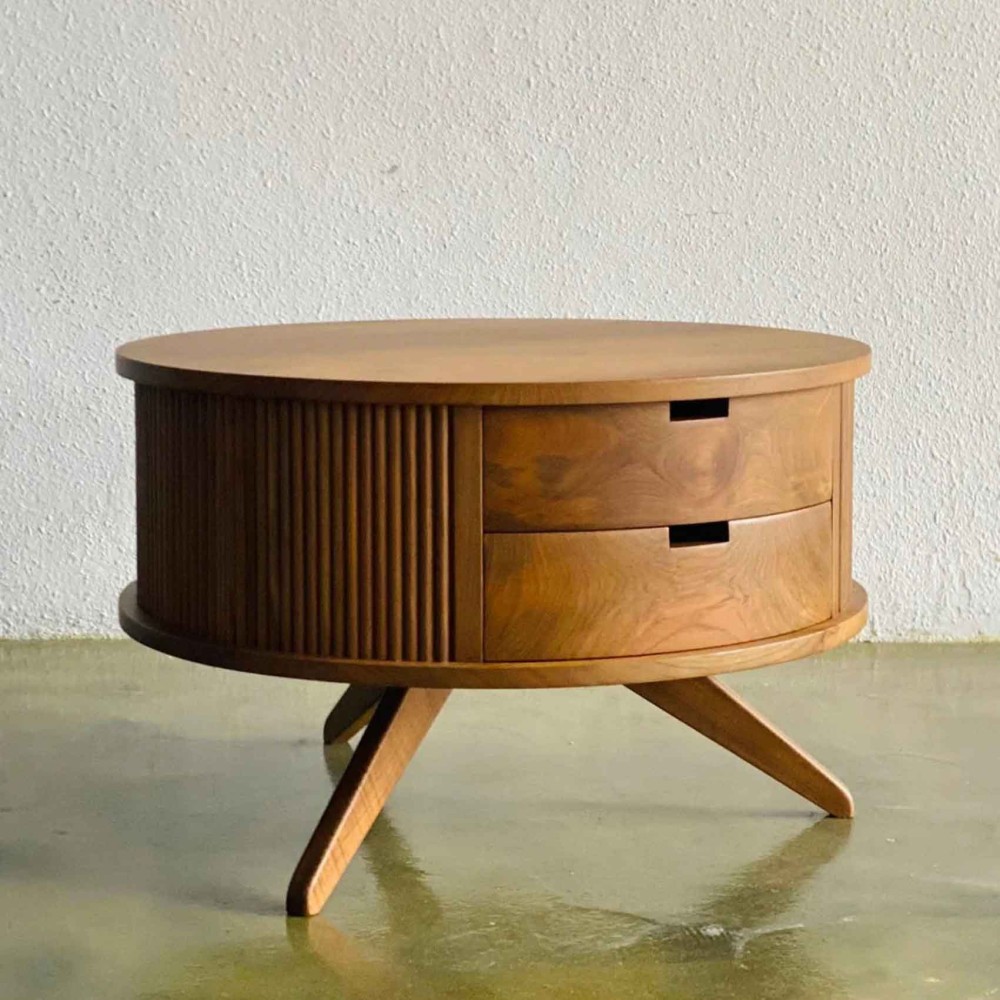 Ulfia Coffee Table Meja Ruang Tamu Bulat Kayu Jati 2 Laci