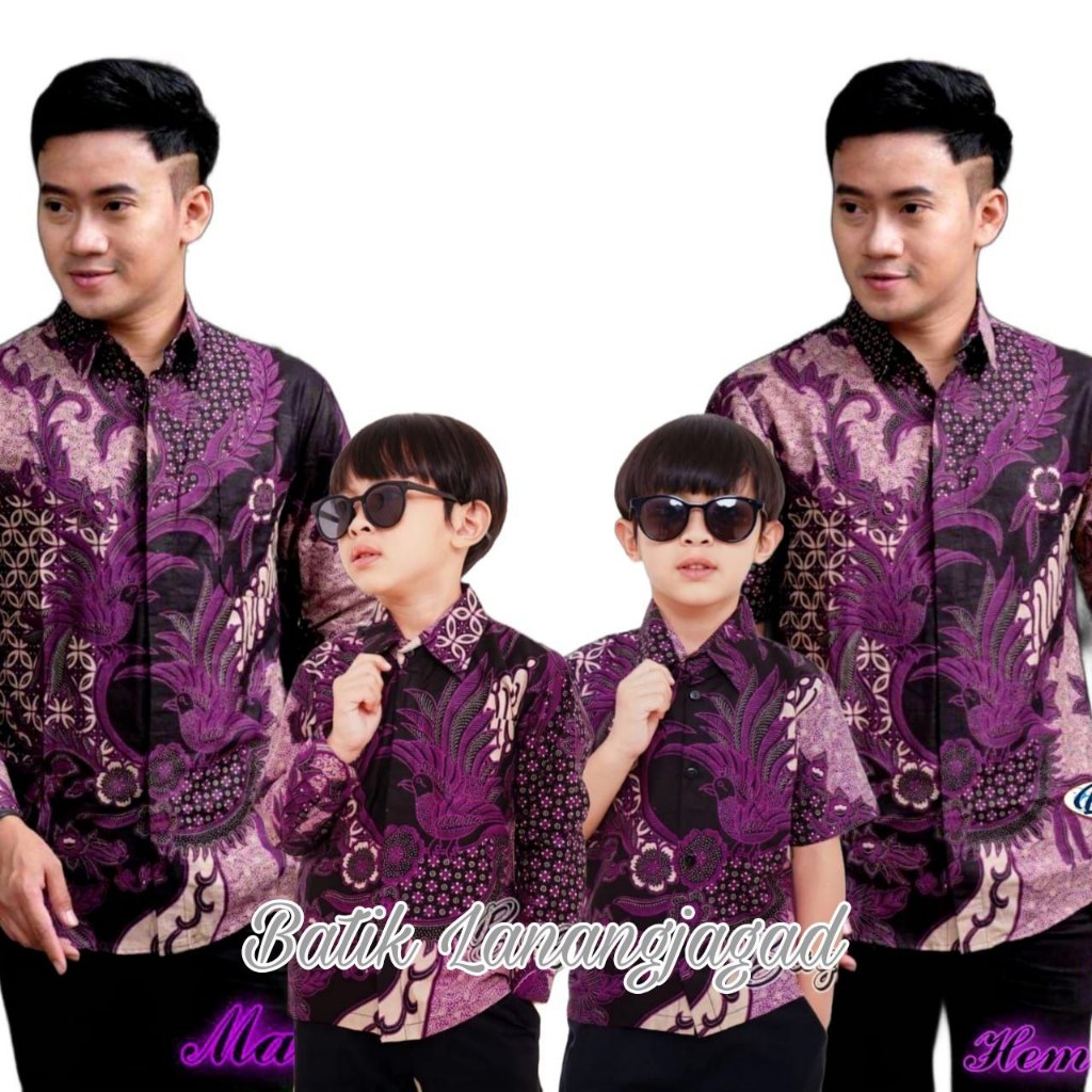 Batik Pria Couple Batik Ayah dan Anak Laki Laki Kemeja Batik Anak Cowok Warna Ungu Taro