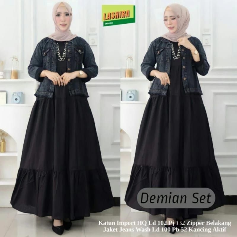 Demian 1 Set Jaket Jeans + Iner Dress Susun Busui Wanita Model Gaya Kekinian