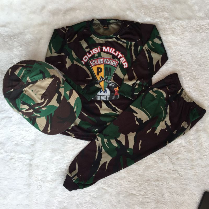 Setelan satu set kaos anak loreng plus topi pet komando anak loreng malvinas - baju setelan anak mot