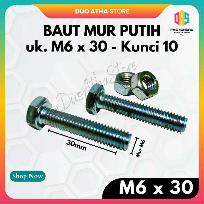 M6x30 Baut Mur M6 X 30 BMP Galvanis Putih Kunci 10