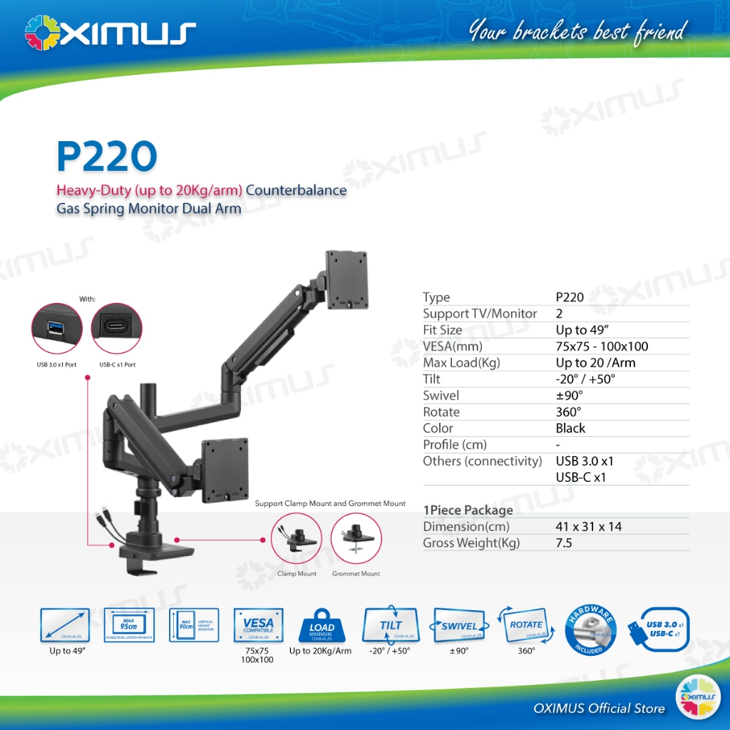 Heavy-Duty Counterbalance Gas spring Monitor Dual Arm OXIMUS P220