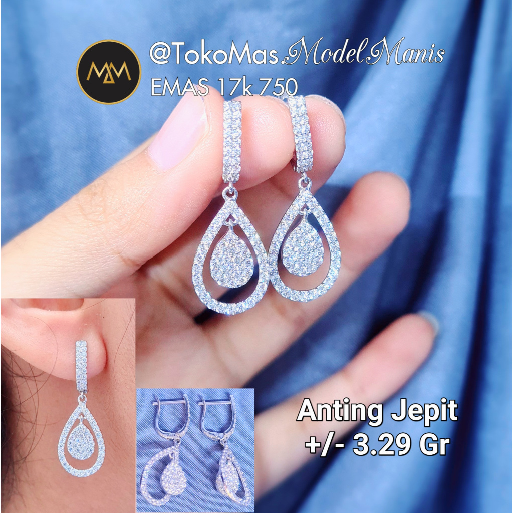 Anting Jepit water drop emas putih kadar 750