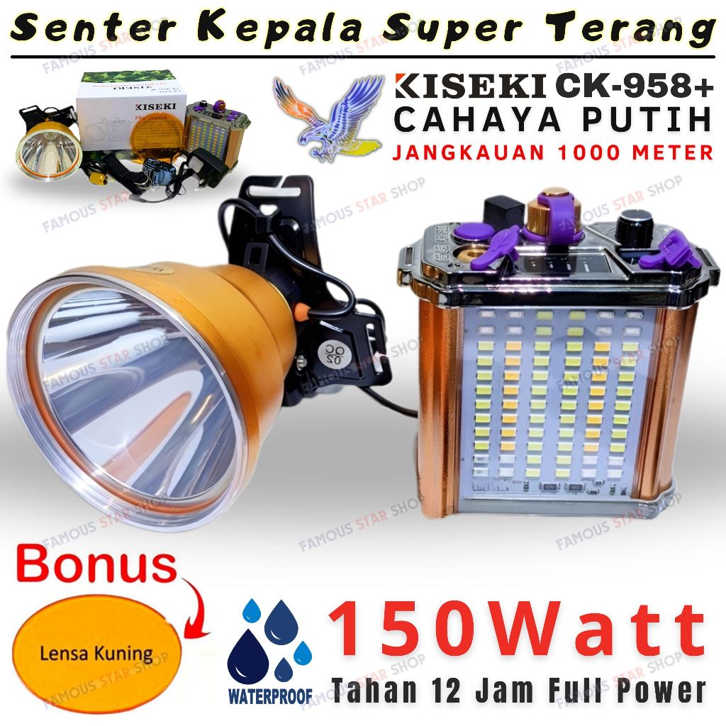 Senter Kepala 150 Watt KISEKI CK958+ [ dengan Aki Bisa Lampu Korek Api dan Power Bank ] - Senter Kep