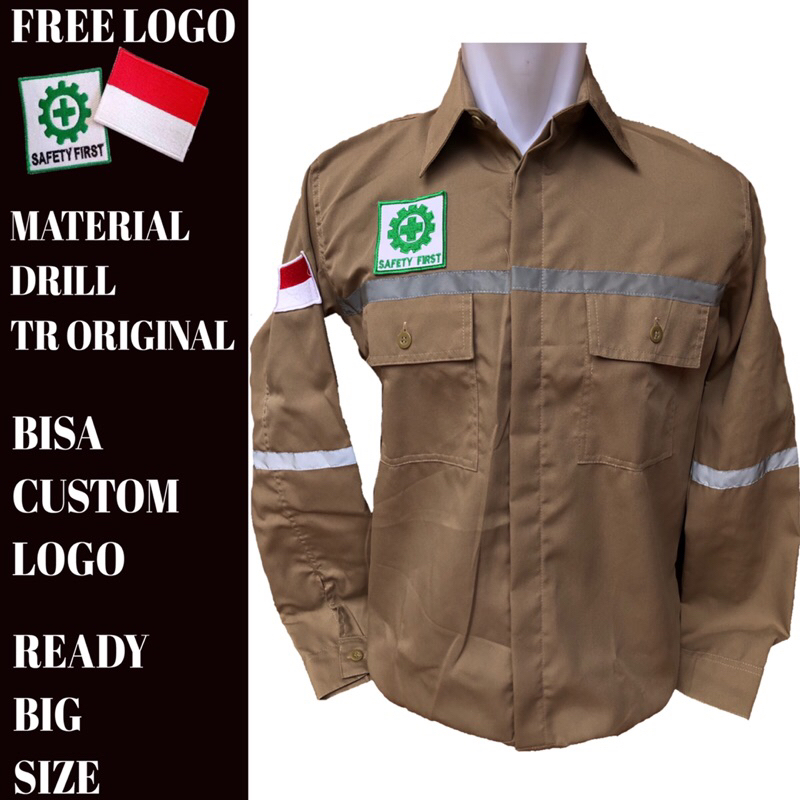 kemeja safety kerja proyek lapangan bahan drill tr original,gratis bordir safety dan bendera