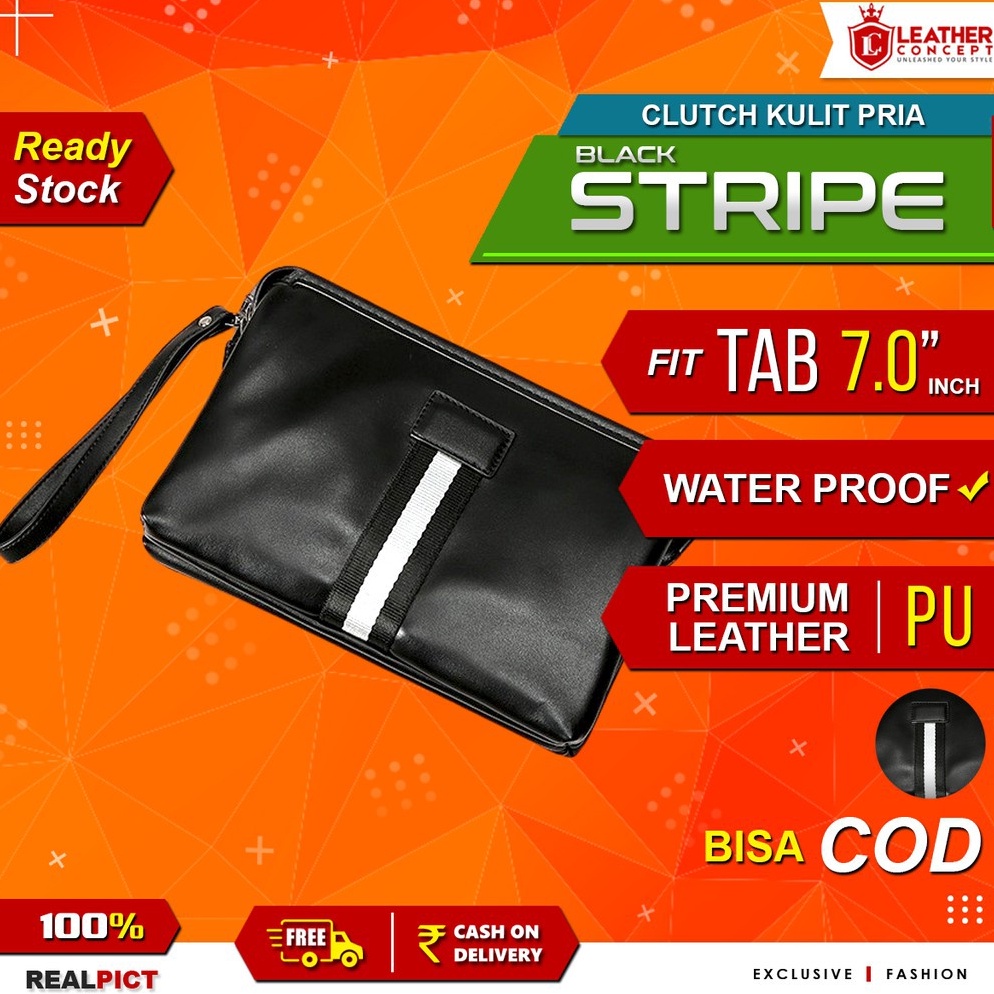 Terbaru.. LEATHER CONCEPT Tas Tangan Pria - Clutch Pria - Dompet Pria - CLUTCH STRIPE HITAM