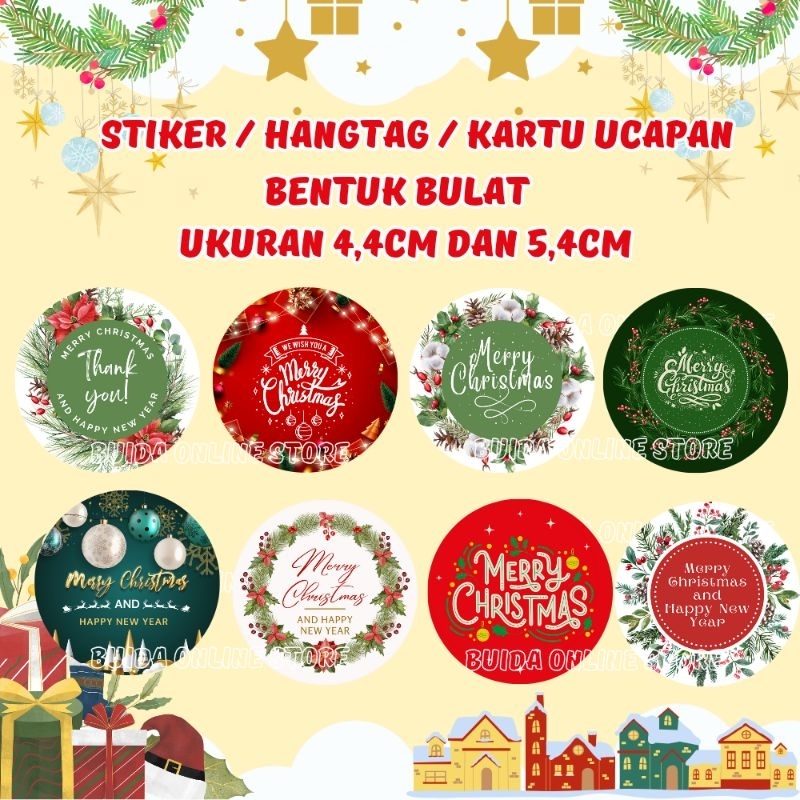 

Stiker Kartu Ucapan Hangtag Bulat Hari Natal Merry christmas motif gambar premium dekorasi buket topper label segel kemasan packaging sealer hampers hiasan kado gift card seal dus box bingkisan toples mika plastik kue cake muffin cupcake