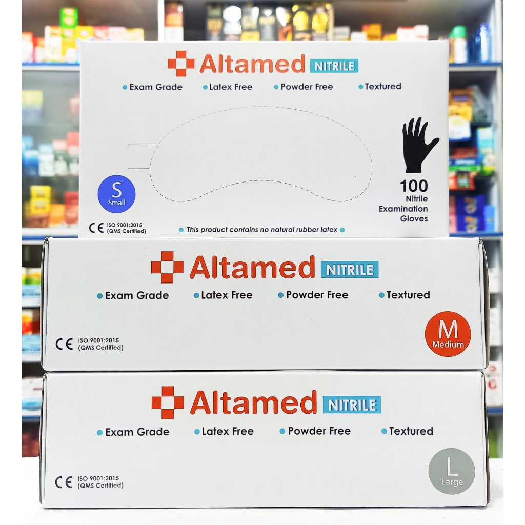 ALTAMED (NITRILE POWDER FREE 1 KOTAK ISI @100 PCS WARNA BIRU & HITAM) - SARUNG TANGAN MEDIS STERIL
