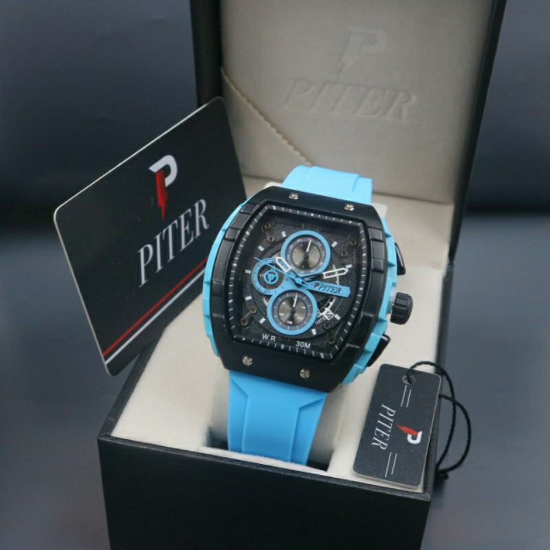Jam tangan pria PITER Tali Karet Blue Sky Chrono aktif Original
