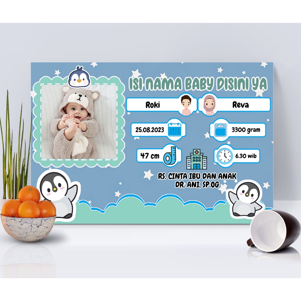 Hiasan dinding biodata bayi custom plus bingkai kayu untuk bayi laki-laki dan bayi perempuan tema lucu unik dan menarik