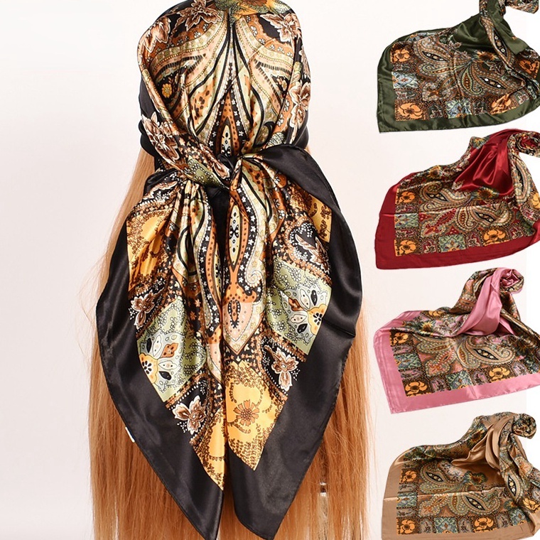 Big Sale.. 90x90 cm Syal Persegi Satin Motif Bunga Jambu Mete Besar Jilbab Wanita Hijab Scarf Leher 