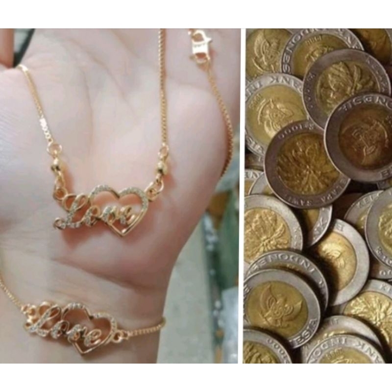 Set Gelang kalung koin love mewah lapis emas 23k gold