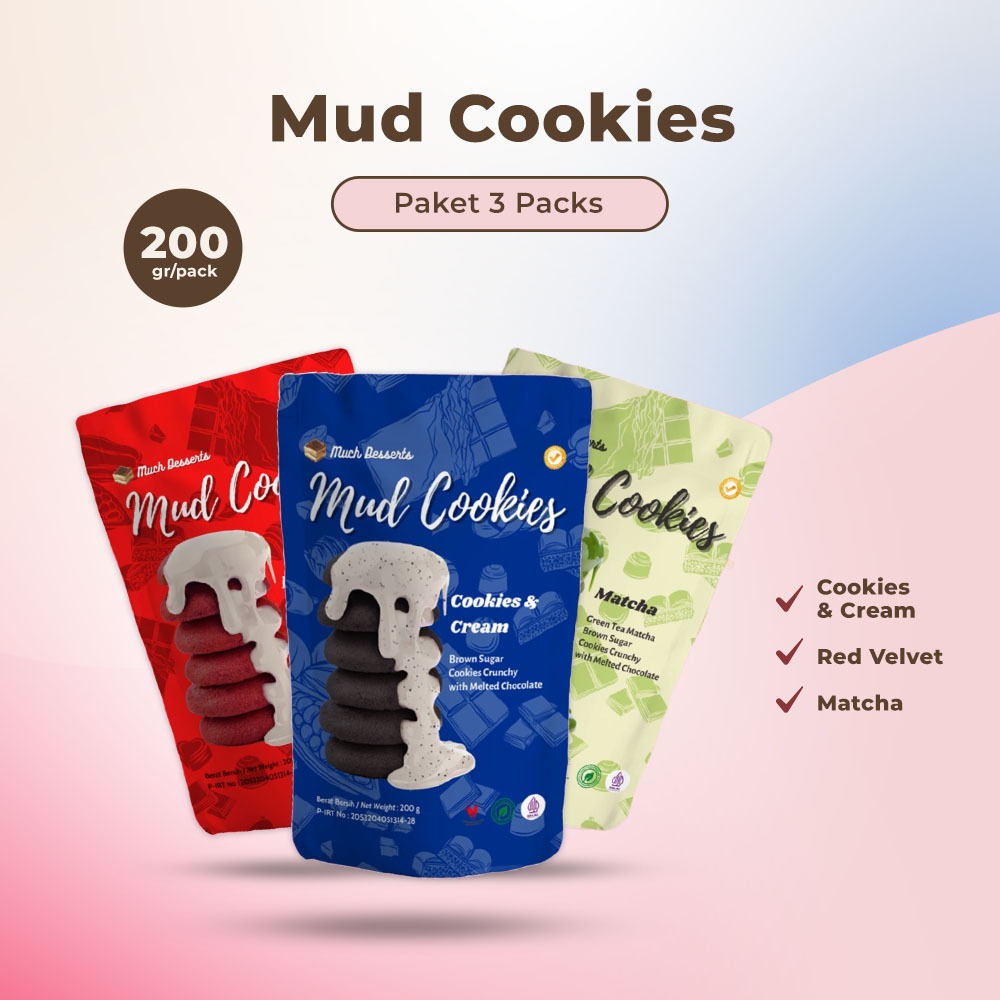 

Paket 3 Varian Melted Mud Cookies - Cookies & Cream, Red Velvet Cheese, Belgian Chocolate, Matcha
