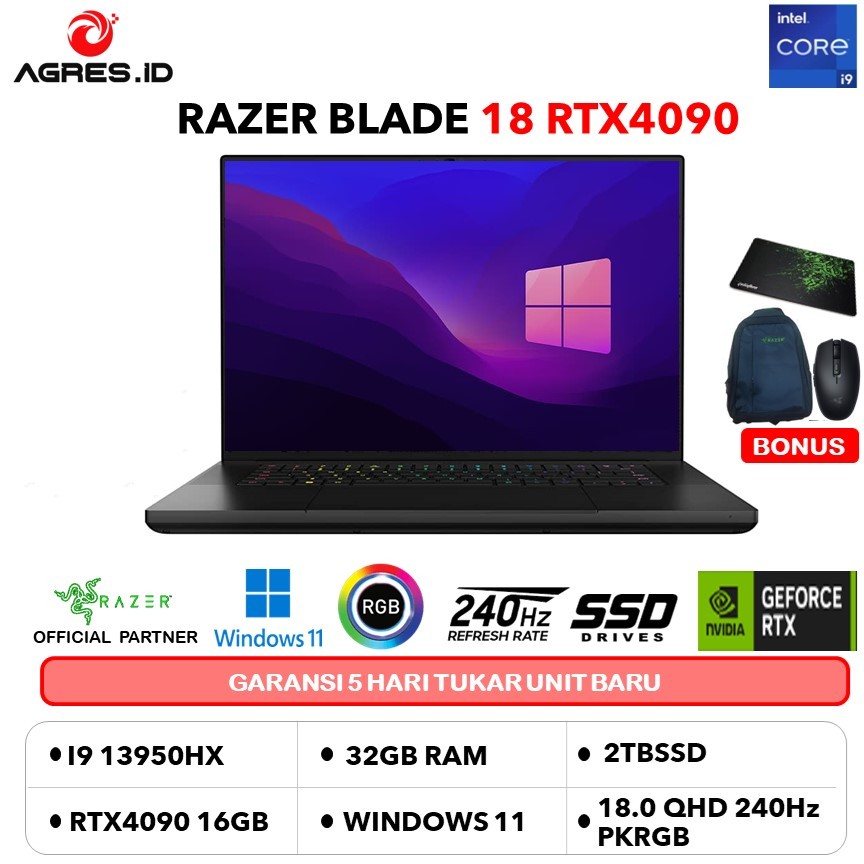 RAZER BLADE 18 RTX4090 16GB/ I9 13950HX 32GB 2TBSSD W11 18.0QHD+ 240HZ PKRGB TGP175 BLK