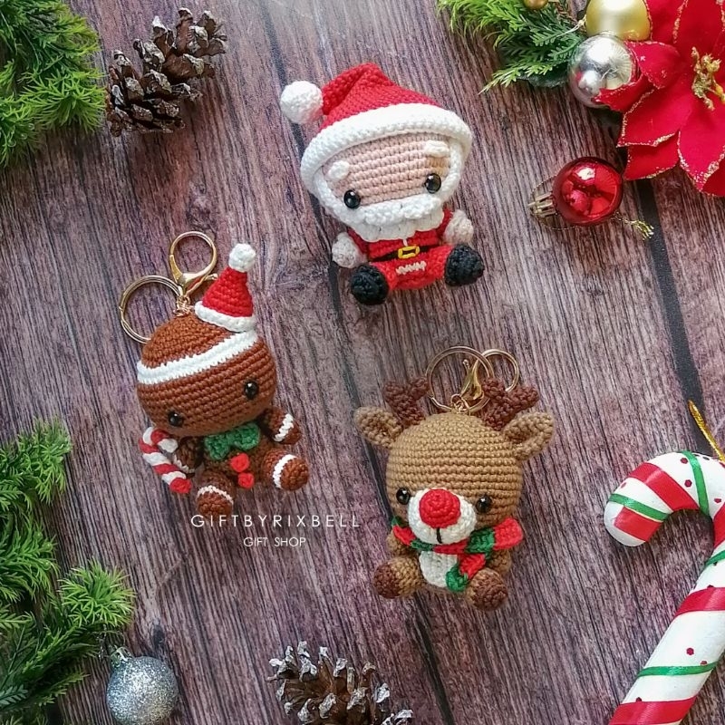 RB Christmas Crochet Keychain (gantungan kunci rajut natal lucu, gantungan kunci santa, Reindeer, bo