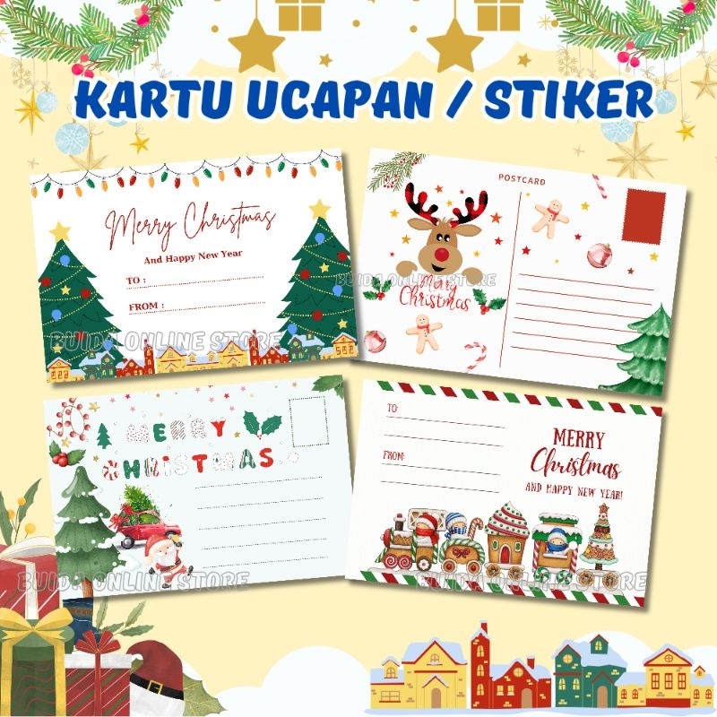 

Kartu Ucapan Stiker Postcard Natal Merry Christmas Label Kemasan Sticker dekorasi gift box hampers card kado kotak kue cake bingkisan hantaran Motif terbaru Terkini Premium ukuran besar bisa custom