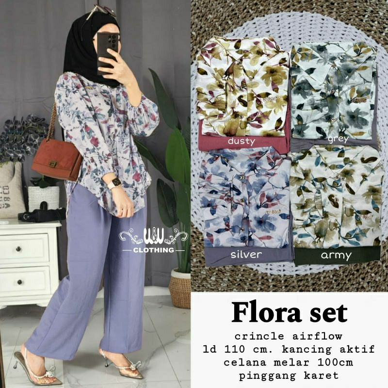 Flora Set Setelan Blouse Crinkle Jumbo Fit XL Ld110 Busui Kancing Motif Bunga Dan Celana Kulot Pingg