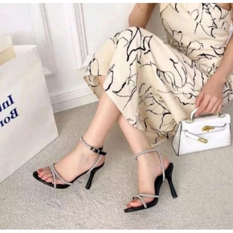 Berlin high heels wanita tali permata tinggi 9cm heels pesta