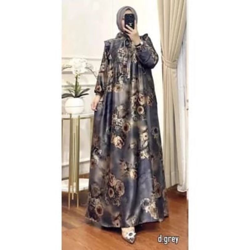 Dress Satin Silk Premium Motif Bunga // Dress Kondangan Bridesmaid Friendly// Dress Lebaran Gamis Satin