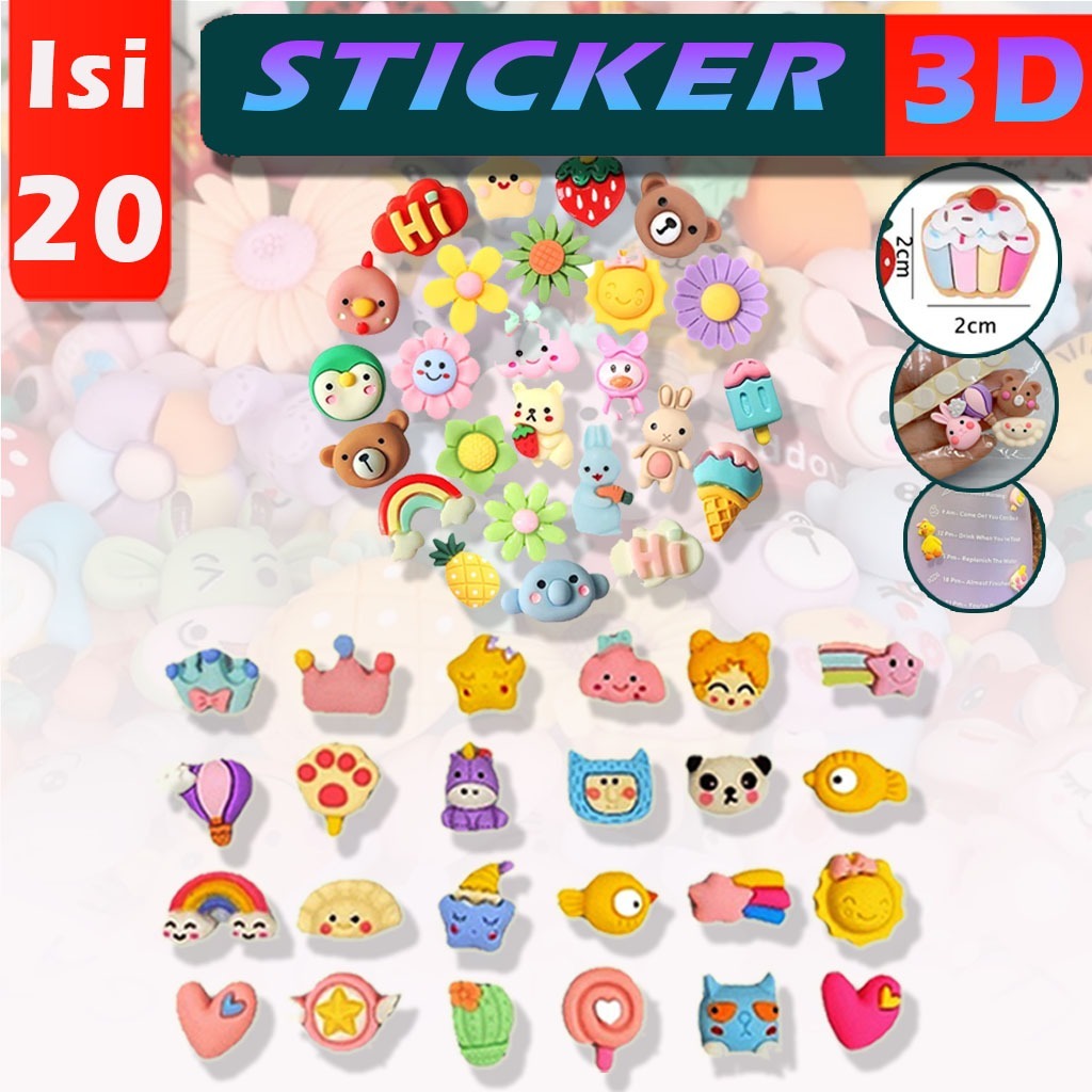 

Ideku Isi 20 Sticker Mini 3D Sticker Tempel Mini Lucu Kartun - Stiker 3D Timbul Karakter
