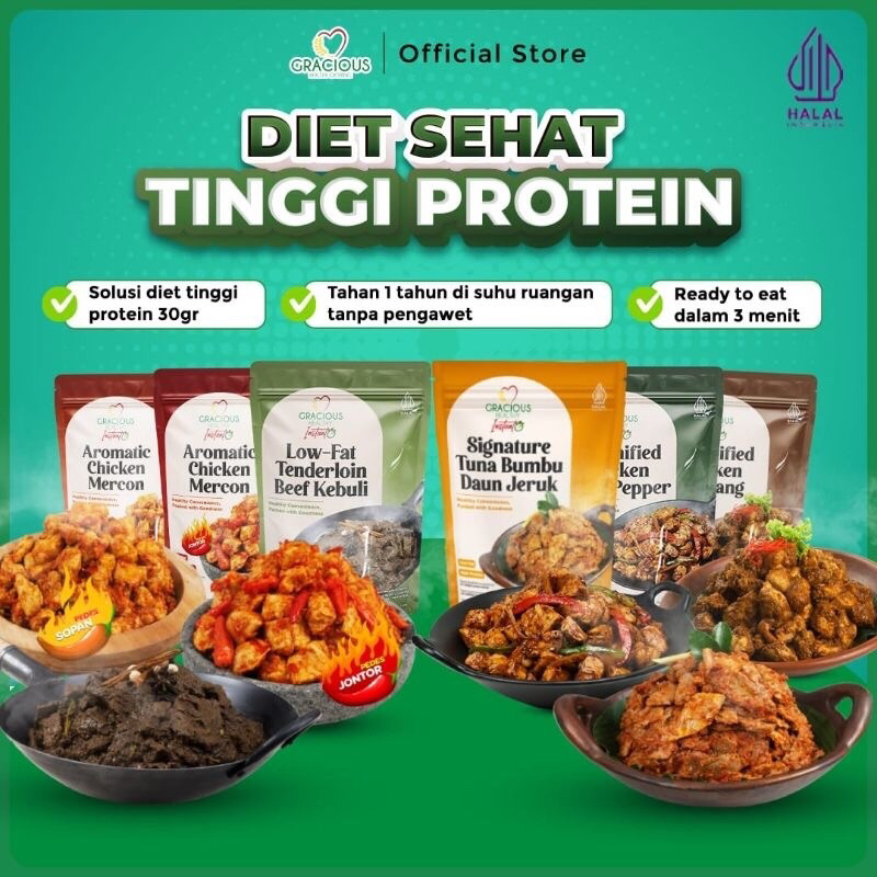 

GRACIOUS HEALTHY INSTANT [Makanan Sehat Siap Saji , Tanpa Bahan Pengawet, Tahan Hingga 6 Bulan suhu ruang] MAKANAN DIET INSTAN INOVASI TERBARU, enak bergizi berprotein dan HALAL