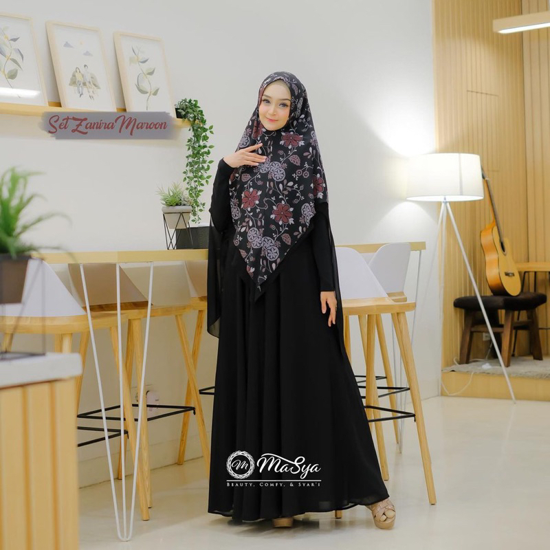 Set Gamis Dress Ceruty Babydoll Syari Branded Prinitng Denim - Maroon - Black - Magenta Mewah Masya 