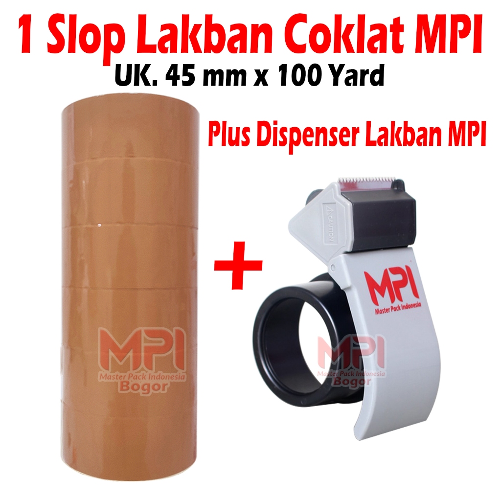 

1 SLOP [ 6 ROLL ] - Lakban Coklat MPI 45 mm x 100 yard BC + Dispenser Lakban MPI Plastik - Master Pack Indonesia Bogor