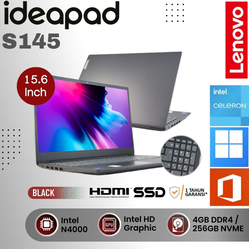 Lenovo Ideapad Slim S145 N4000 4GB RAM 256GB SSD Windows 15.6 inch HD Laptop Murah