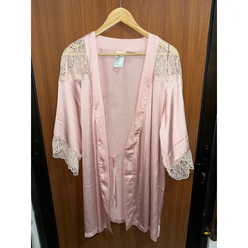 kimono dress lingerie baby pink satin silk sexy sleepwear h&m size M/L