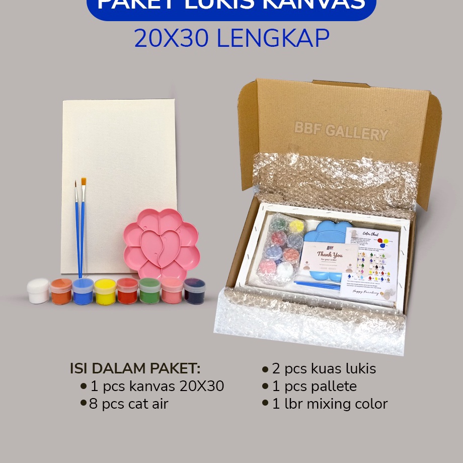 

[KODE RB9FR] Kanvas lukis putih 20x30 cm lengkap dengan 8 cat air akrilik palet dan 2 pcs kuas flat & round Set melukis lengkap paket lengkap melukis mewarnai canvas