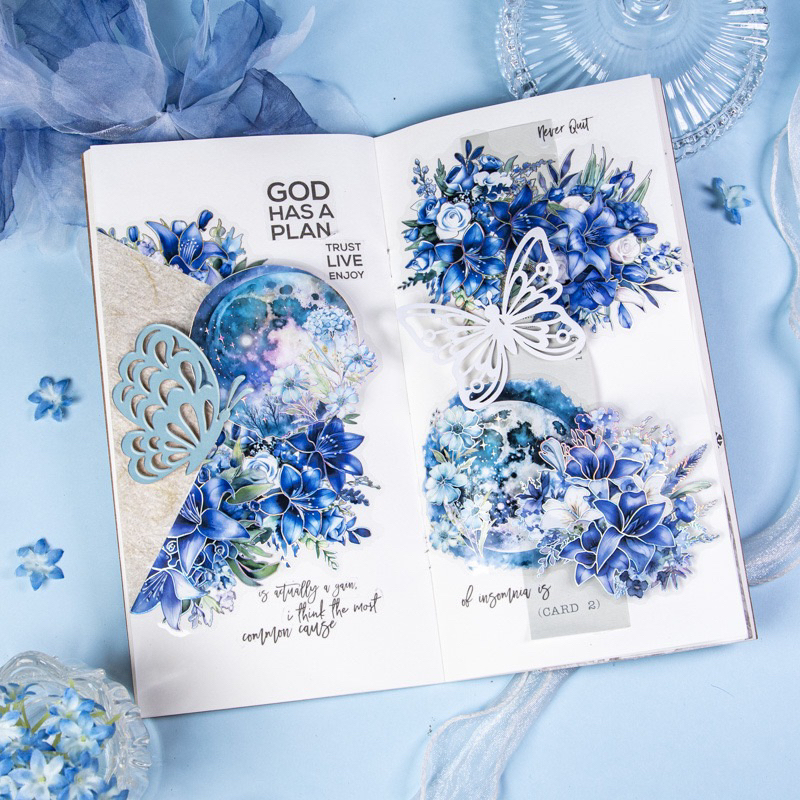 

sticker blue flower sea bunga bulan laut biru scrapbook journaling