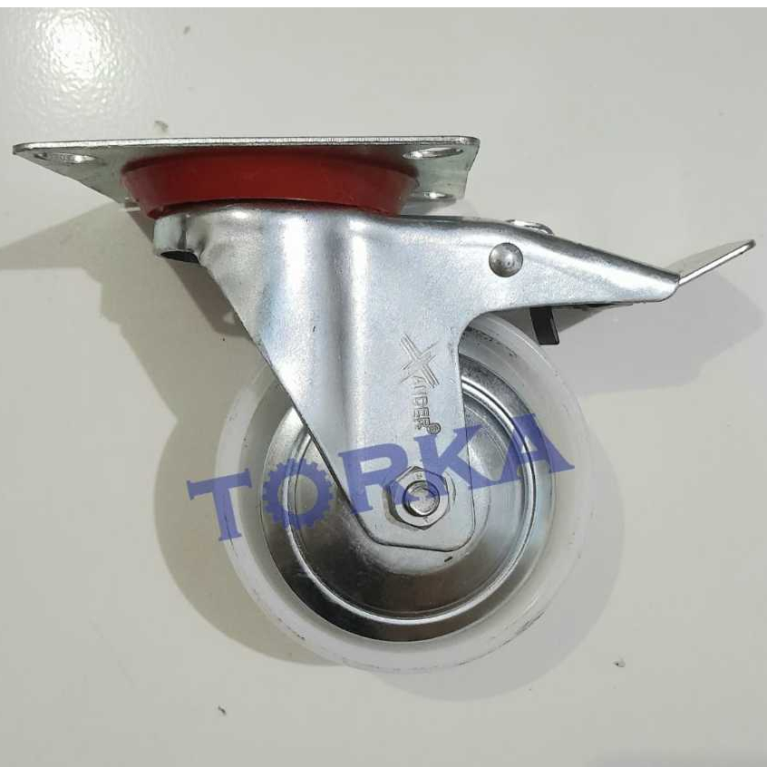Roda Caster 4 inch Nylon Putih XANDER Hidup Rem 4inch Troli Hidup Harga 1 buah