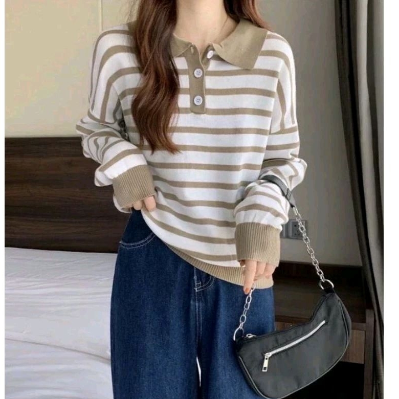 Sweater Polo Stripes Knit Import - Atasan Polo Rajut Wanita - Korean Polo Knit Terbaru