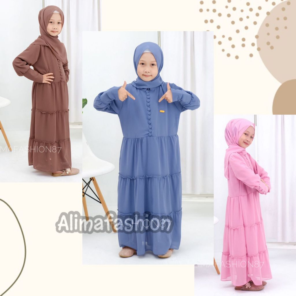 Gamis Anak Perempuan Syari Set Khimar Dress Kids Bahan Ceruty Babydoll Ukuran (M/L/XL) Usia 6-15 Tahun