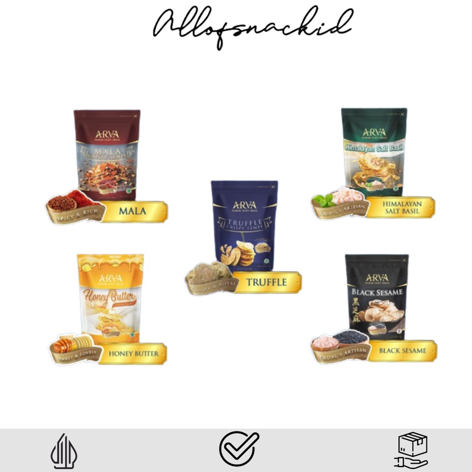 

Ready stock Arva - Keripik Tempe - Crispy Tempe - Truffle - Mala - Honey Butter - Himalayan Salt Butter - Black Sesame - Tanpa MSG