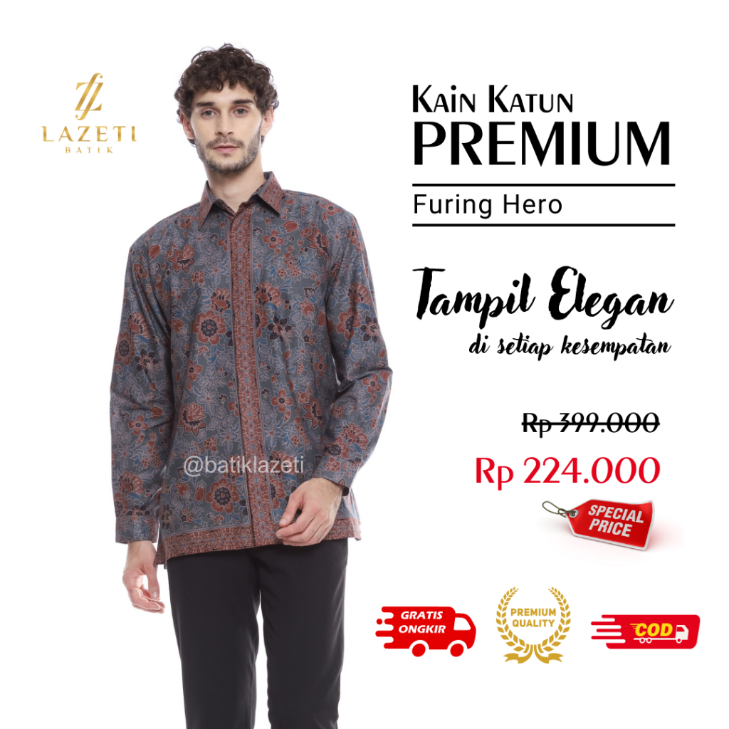 BATIK LAZETI Hem Atasan Kemeja Baju Batik Pria Furing Hero Motif Bunga Abu