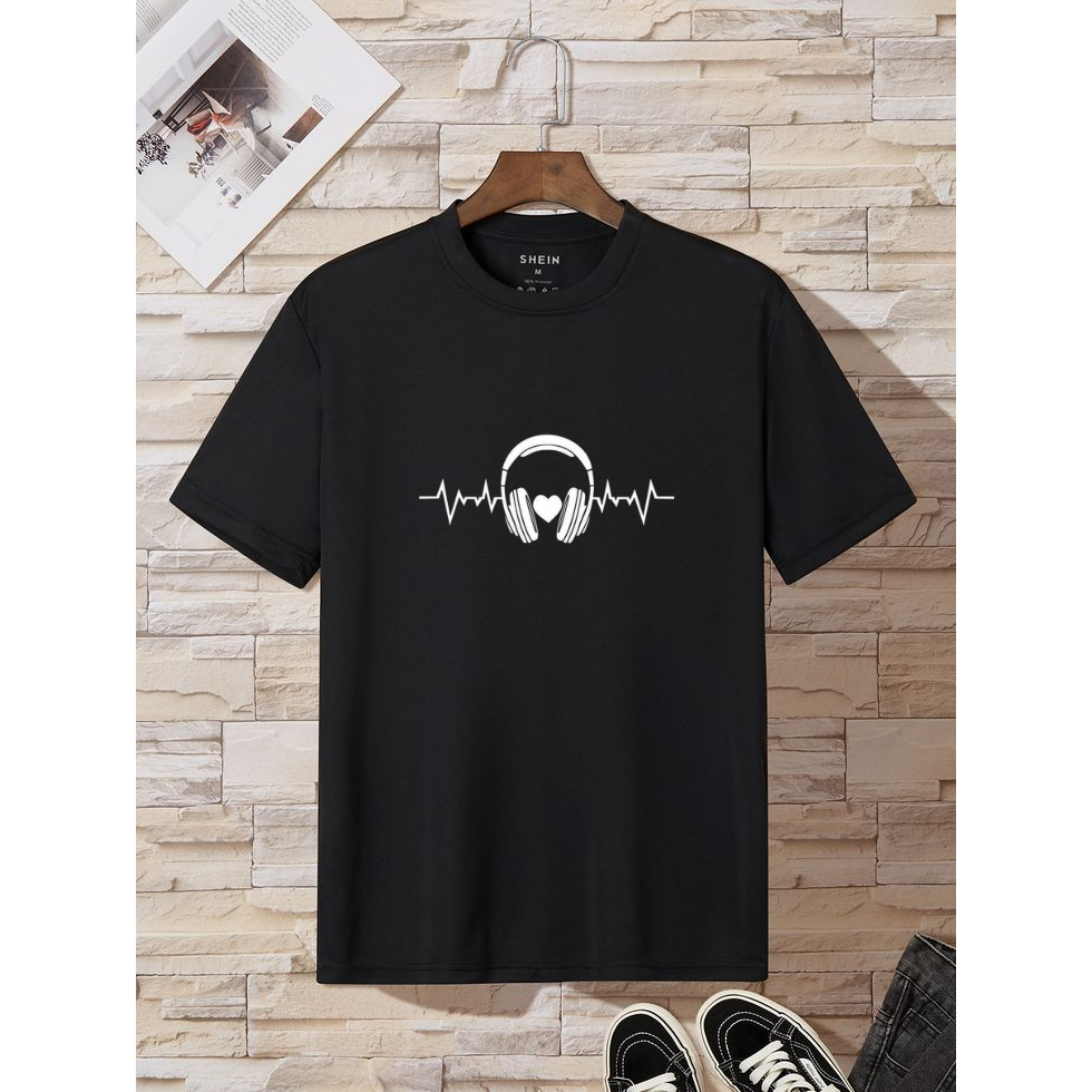 Baju Kaos Hitam Motif Simple Headphone Keren Simple / Kaos Distro Hitam Pria Premium Terbaru / Kaos 