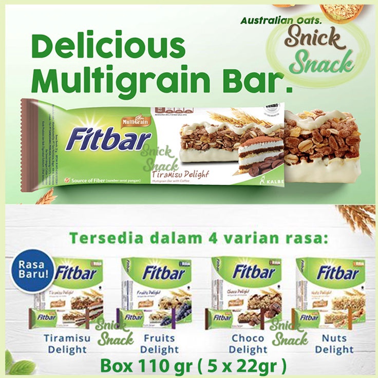 

Grosir Fitbar Multigrain Granola Bar Box 100 gr Sereal Choco Nuts Fruits Tiramisu Delight Snack Diet Sehat