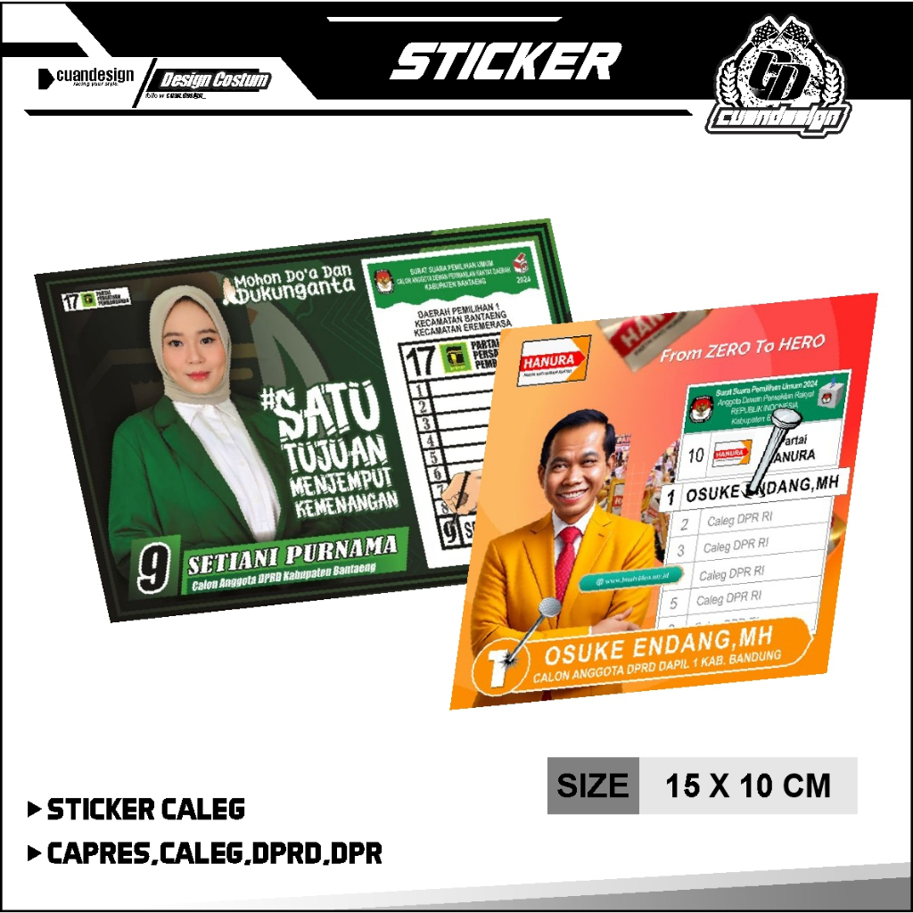 

CETAK STICKER CALEG 15X10 CM - STIKER PARTAI KAMPANYE PEMILU PILPRES