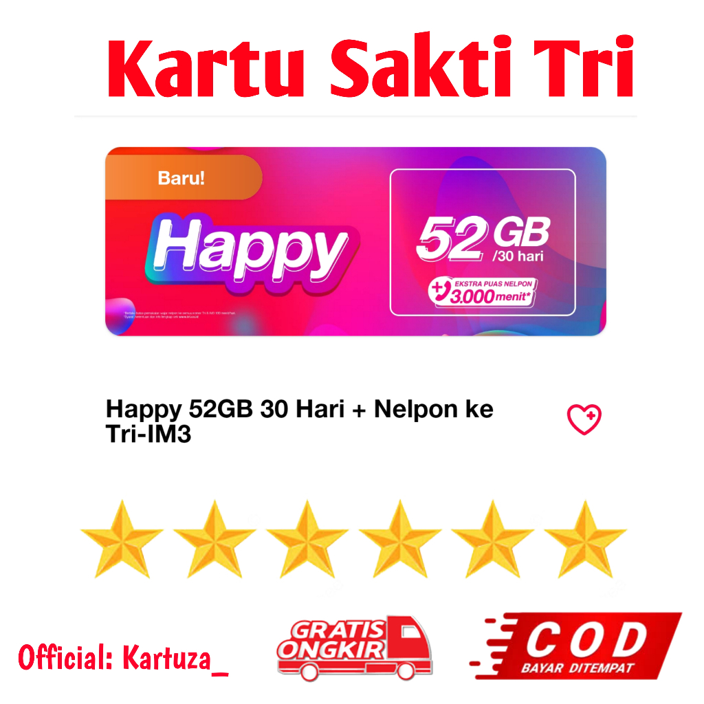 Kartu Tri sakti 52GB 120ribu 1bulan full 24jam semua aplikasi