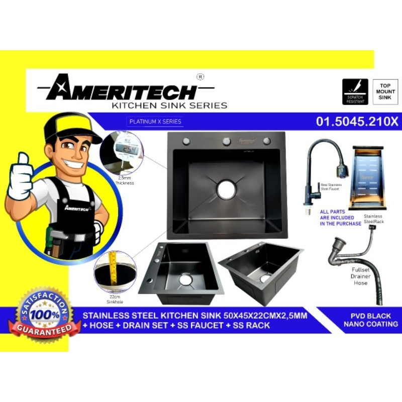 (REGULER) KITCHEN SINK BLACK NANO  STAINLESS AMERITECH 1 LUBANG 5045 / BCP 1 LUBANG