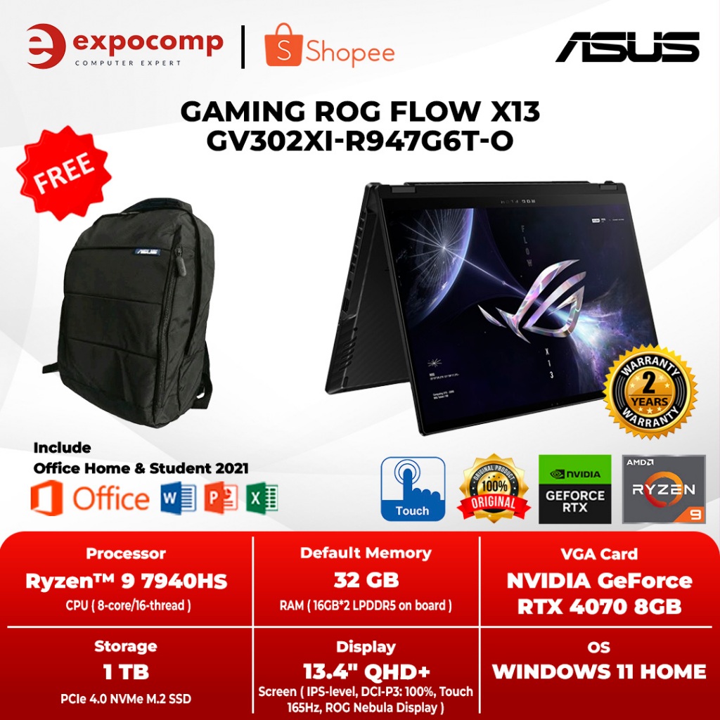 ASUS GAMING ROG Flow X13 GV302XI-R947G6T-O AMD RYZEN 9-7940HS RTX4070 32GB1TB W11+OHS