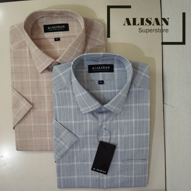 Alisan Kemeja Pria Motif Salur Kotak Kecil Lengan Pendek Reguler Biru/Coklat