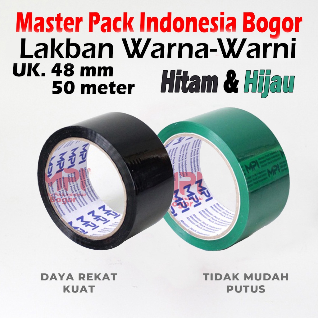 

Paket Lakban Warna Hitam & Warna Hijau 48 mm x 50 Meter / Lakban Isolasi Warna Warni - Master Pack Indonesia Bogor