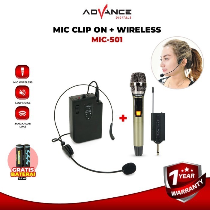 Wireless Microphone Advance MIC-501 Mic Clip On + Mic Wireless Mic Headset Advance