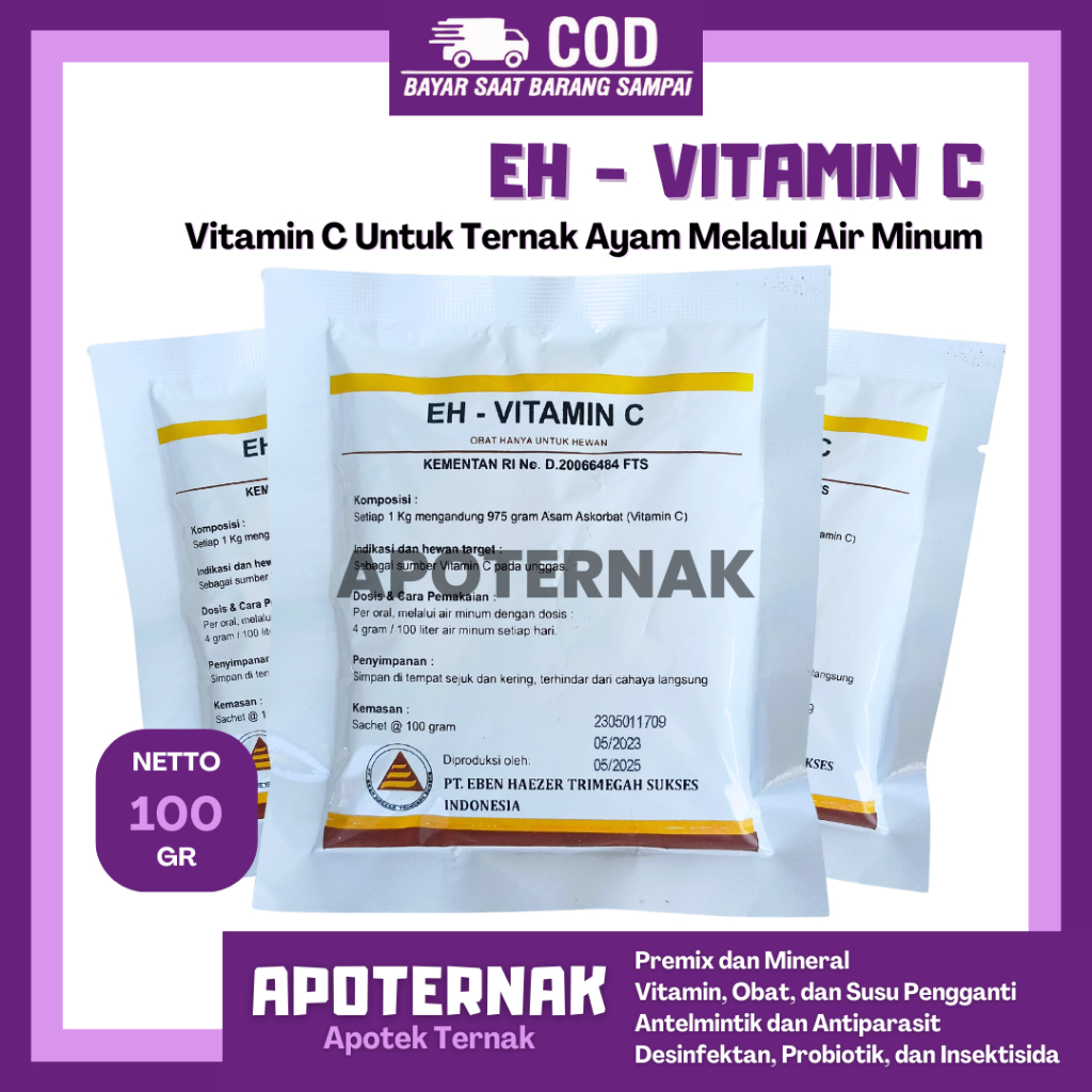 EH VITAMIN C (Ascorbic Acid Uncoated 97,5 %) 100gr - Vitamin C Untuk Ternak Ayam Via Minum - Vitamin
