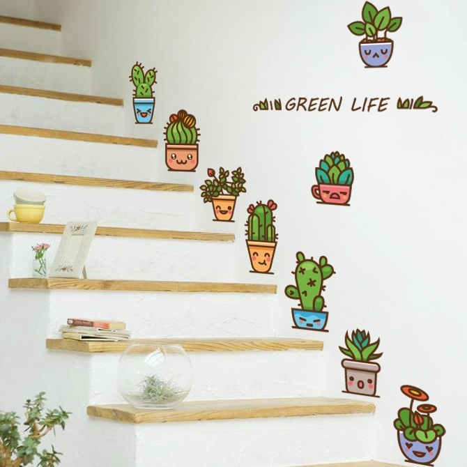 Reliza Wall Sticker Cute Mini Cactus Pot Kaktus Hijau Stiker Dinding