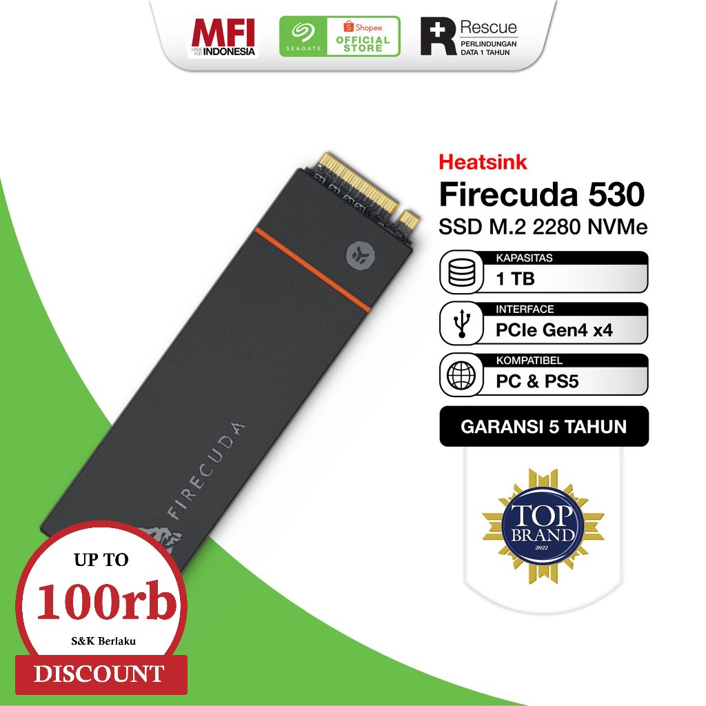 Seagate FireCuda 530 Heatsink SSD 1TB M.2 2280 NVMe Gen 4 ( Kompatible untuk PS5 )