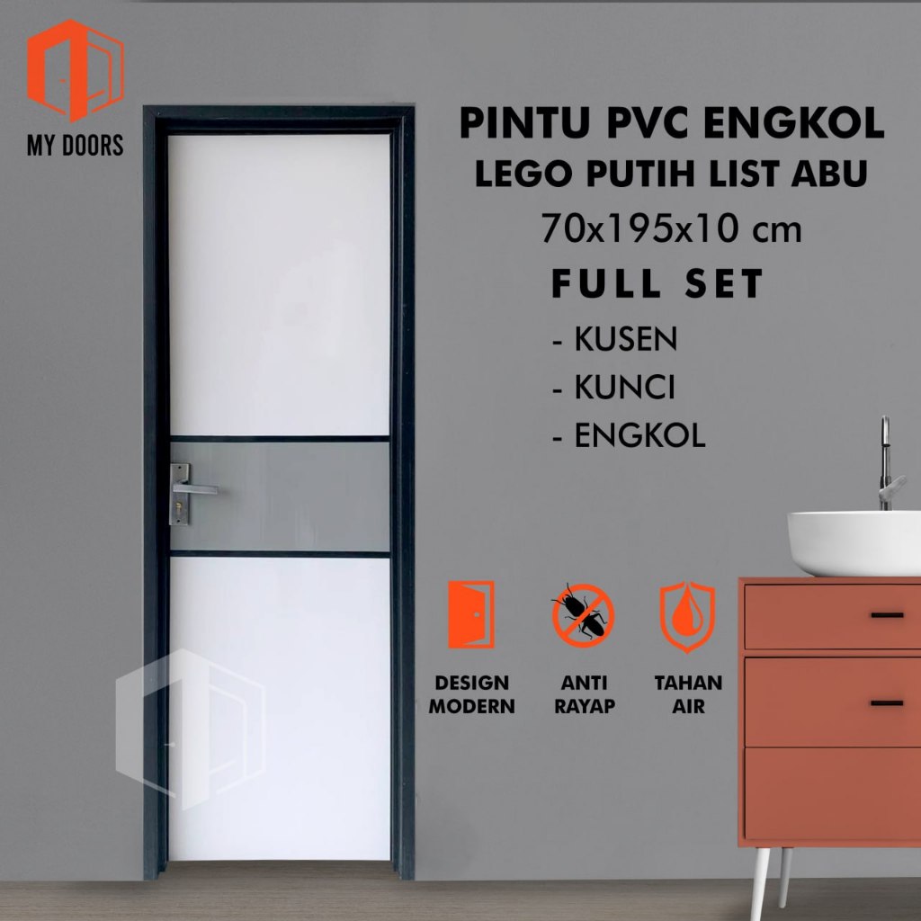 Pintu Kamar Mandi / Kamar Tidur PVC Bahan Tebal Lego List Abu Putih Dengan Handle Kunci Engkol Panel