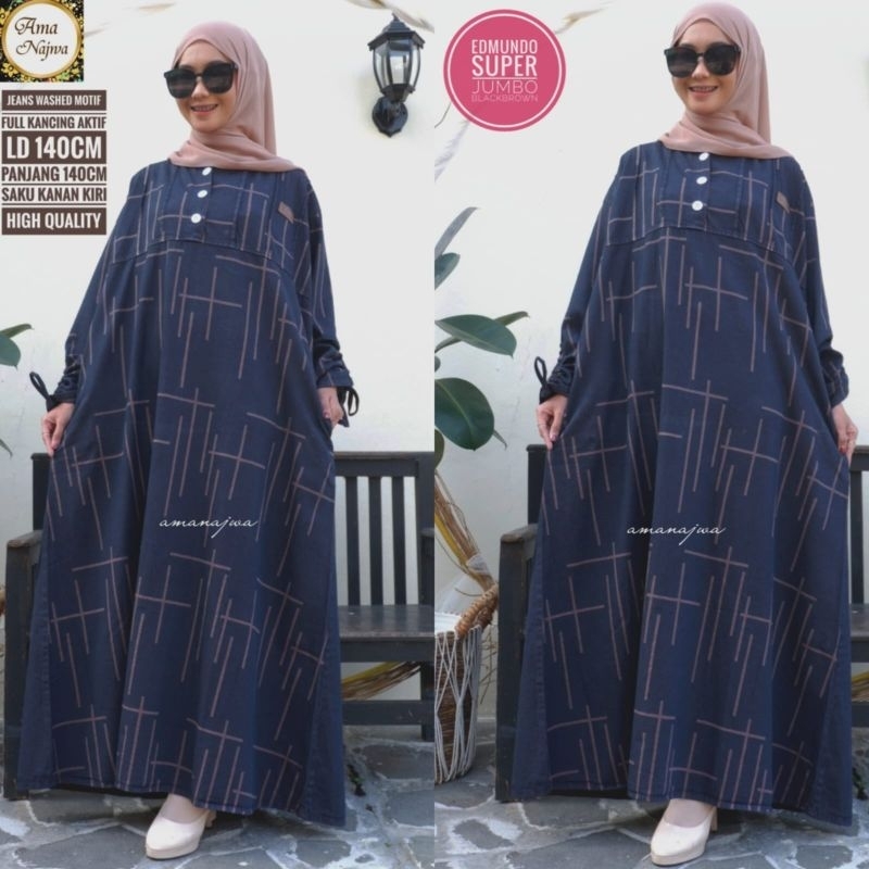 Edmundo Dress Maxy Gamis Jeans Motif Garis Suju Super Jumbo Ld 140 Fit XXXXL Busui Kancing By Amj